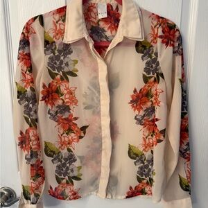 VILA Women's Sheer Floral Blouse - Cream, Red, and Green